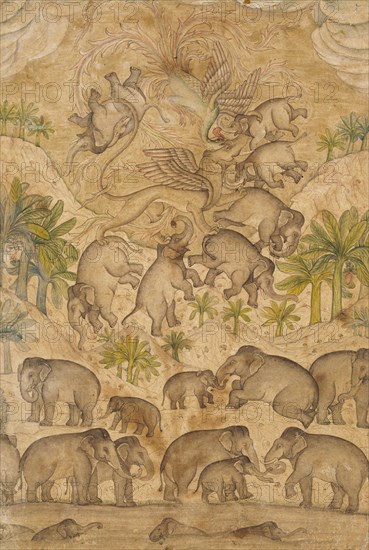 The mythical bird Smurgh, grasping elephants in its claws. India, mid-17th century