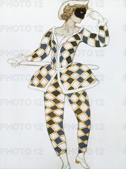 Costume design for Harlequin from The Sleeping Princess, by Leon Bakst. Russia, 1921