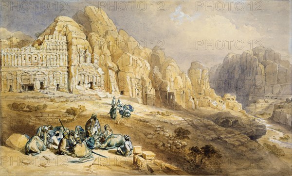 Principal range of tombs, by W.H.Bartlett. Jordan, mid-19th century