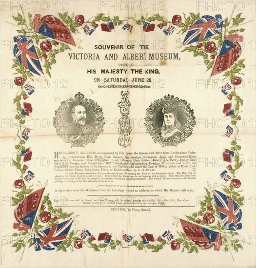 Paper napkin, Souvenir of The Opening of The V&A Museum. England, 1909
