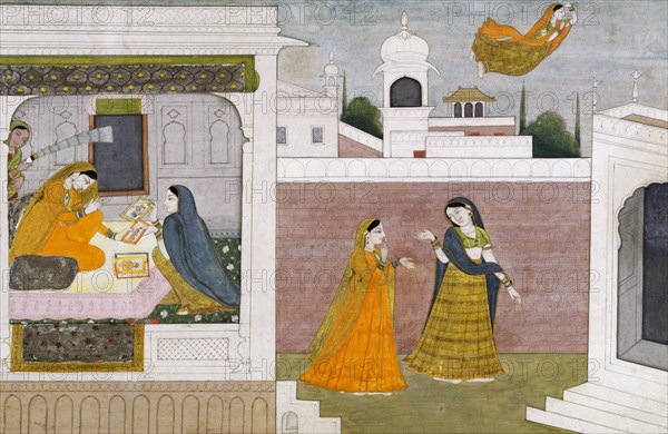 Usha looking at portraits. Kangra, India, early 19th century