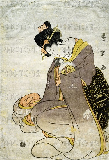 A Young Woman Fondling a Doll, by Kitagawa Hidemaro. Japan, 19th century
