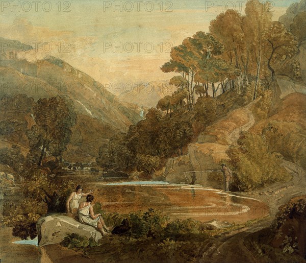 Cristall, Borrowdale, Cumberland; Landscape: Borrowdale with classical figures