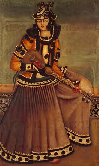 Lady sitting on a dais playing a tar. Tehran, Iran, Qajar dynasty, 19th century