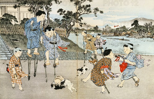 Boys on stilts and hobby-horses. Tokyo, Japan, 20th century