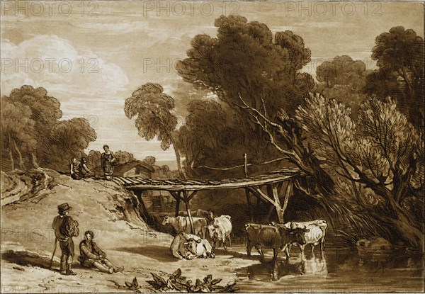 Bridge and Cows, by Charles Turner. England, early 19th century