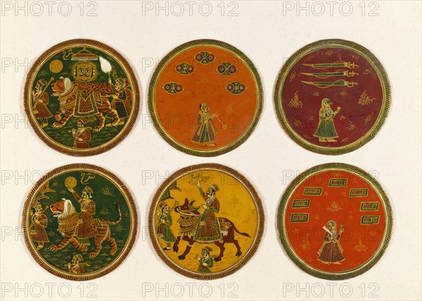 Six Ganjifa playing cards. Kashmir, India, late 19th century