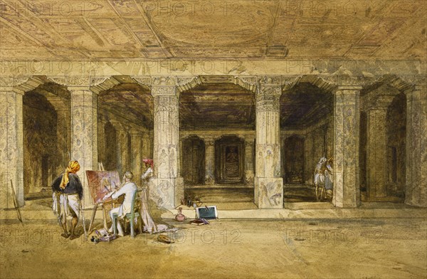 Robert Gill, copying the Ajanta frescoes, by William Simpson. India, 19th century