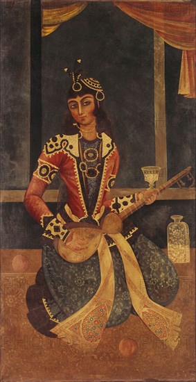 Lady seated playing the guitar. Iran, Qajar dynasty, early 19th century