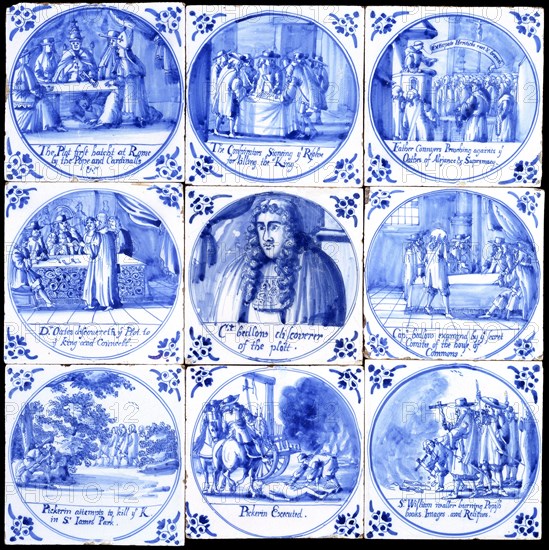 Nine tiles depicting the Popish Plot. London, England, late 17th century