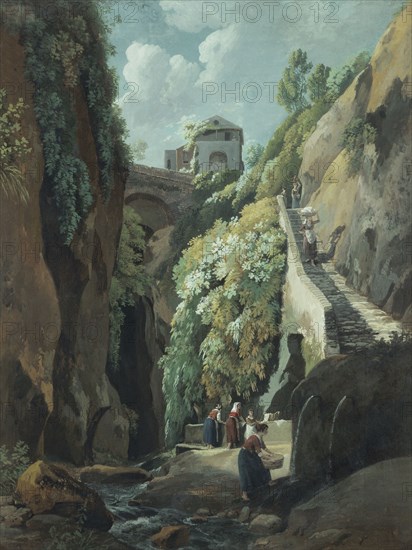 View in the Island of Capri, with Women washing Clothes, by Ramsey Richard Reinagle. England, late 18th century