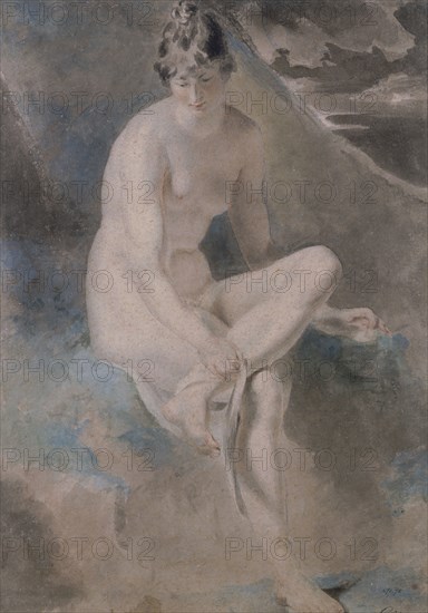 Female seated on a bank, by William Etty. England, 19th century