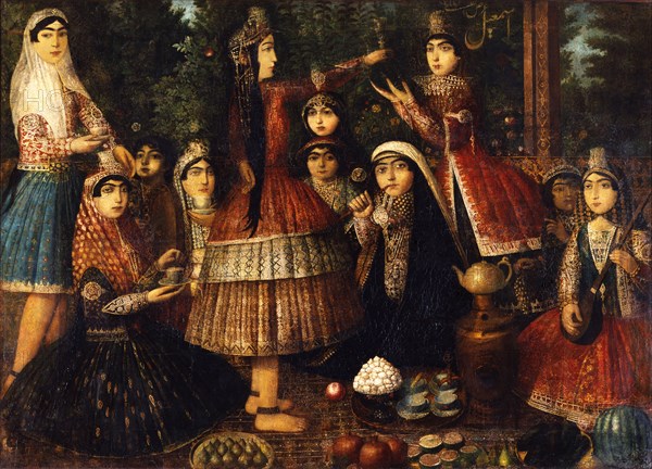 Ladies Around a Samovar, by Isma'il Jalayir. Tehran, Iran, Qajar dynasty, 19th century