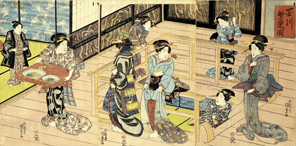 Interior view of a restaurant, by Utagawa Kunisada. Woodblock Print. Japan, c.1820