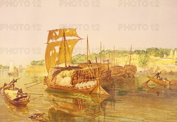 Cotton boats on the Ganges, by William Simpson. India, 19th century