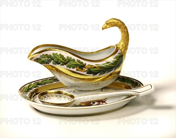 Sauce boat with stand and spoon, from the Prussian Service. Germany, early 19th century
