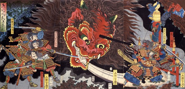 Minimoto Yorimitsu slaying the Giant Shutendoji, by Utagawa Yoshitsuya. Woodblock Print. Japan, 1858