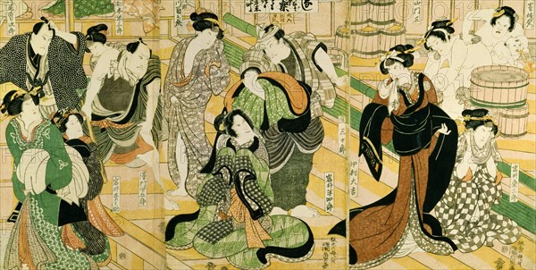 A representation of actors in a scene in a public bath, by Utagawa Kunisada. Japan, 19th century