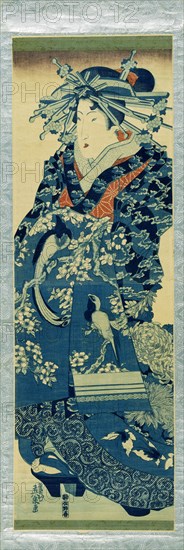 Oiran parading wearing a blue dress, by Keisai Eisen. Japan, 1830