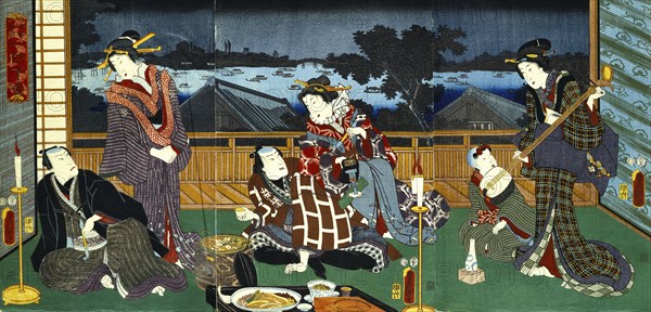 A wonderful evening view of Ryogoku, by Utagawa Kunisada. Japan, 19th century