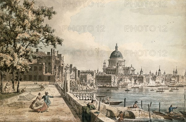 St Paul's Cathedral from the terrace of Old Somerset House, by William James. England, 18th century