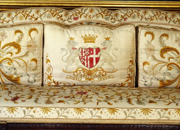 Cushion bearing the Jersey Coat of Arms. London, England, 18th-19th century