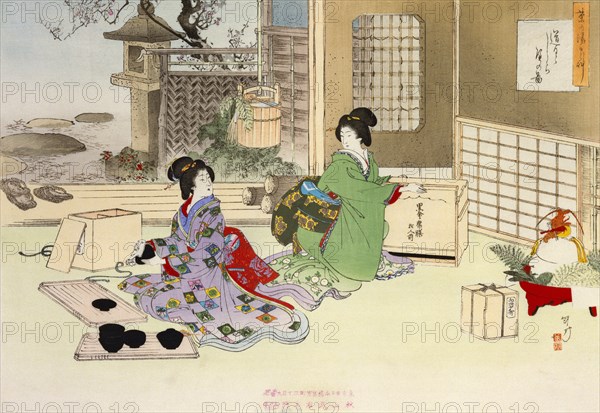 Cleaning the Lacquer Tableware for New Year's Day, by MizuN Toshikata. Japan, 19th-20th century