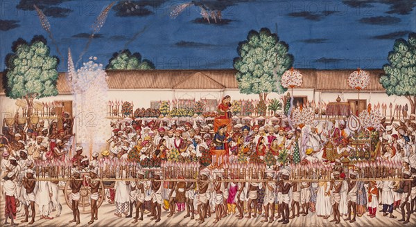 Hindu Marriage procession through a bazaar by night. Tanjore, India, early 19th century. 
Londres, Victoria & Albert Museum
Londres, Victoria and Albert Museum