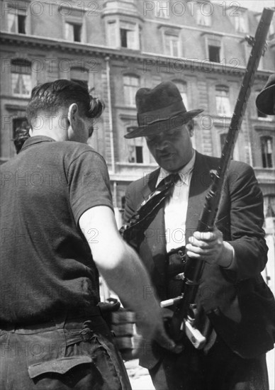 Fighters of the F.F.I. during the Resistance uprising in Paris (August 1944)