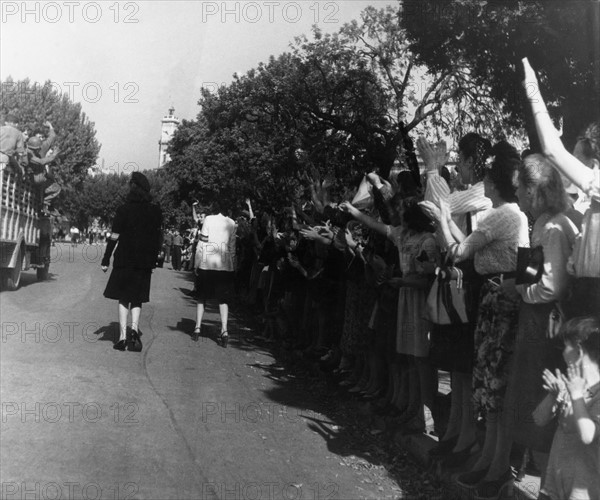 Scene of cheering crowd during the Liberation of Paris (August 1944)