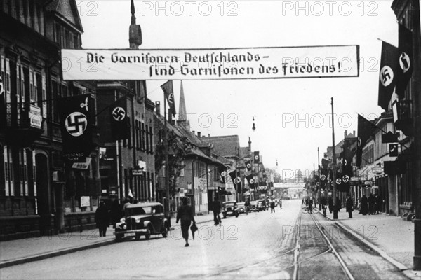 Nazi propaganda banderoles in the streets of Kehl, Germany (1936)