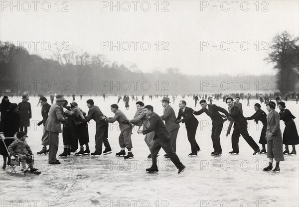 Skaters on a frozen lake in Versaille, 1933