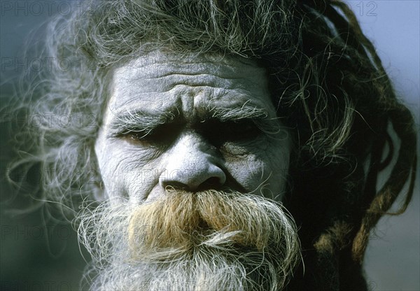 Portrait of sadhu with ash smeared face, Kathmandu Valley, India.