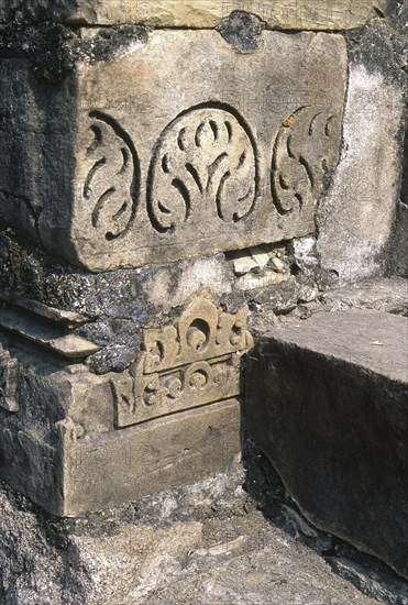 Khajuraho, Madhya Pradesh, India. Geometric and floral motifs on walls