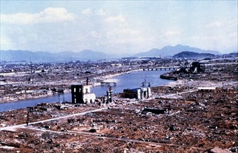 Hiroshima reduced to rubble and ruins by the atomic bomb