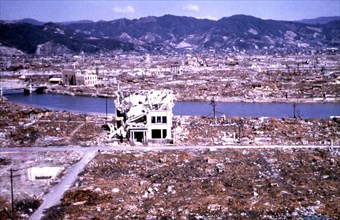 Hiroshima reduced to rubble and ruins by the atomic bomb