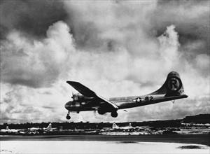The Enola Gay aircraft dropped an atomic bomb. The bomb at Hiroshima, Japan 1945